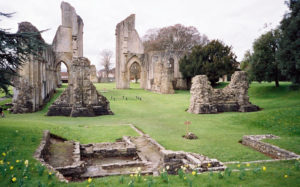 Glastonbury Abbey ruins. The chained area near the center is Arthur's grave